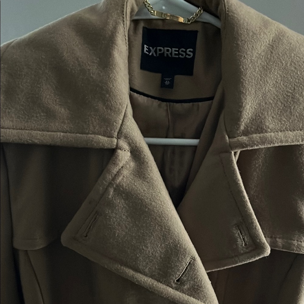 Express Tan Trench Coat with Dramatic Lapel and flare “skirt”